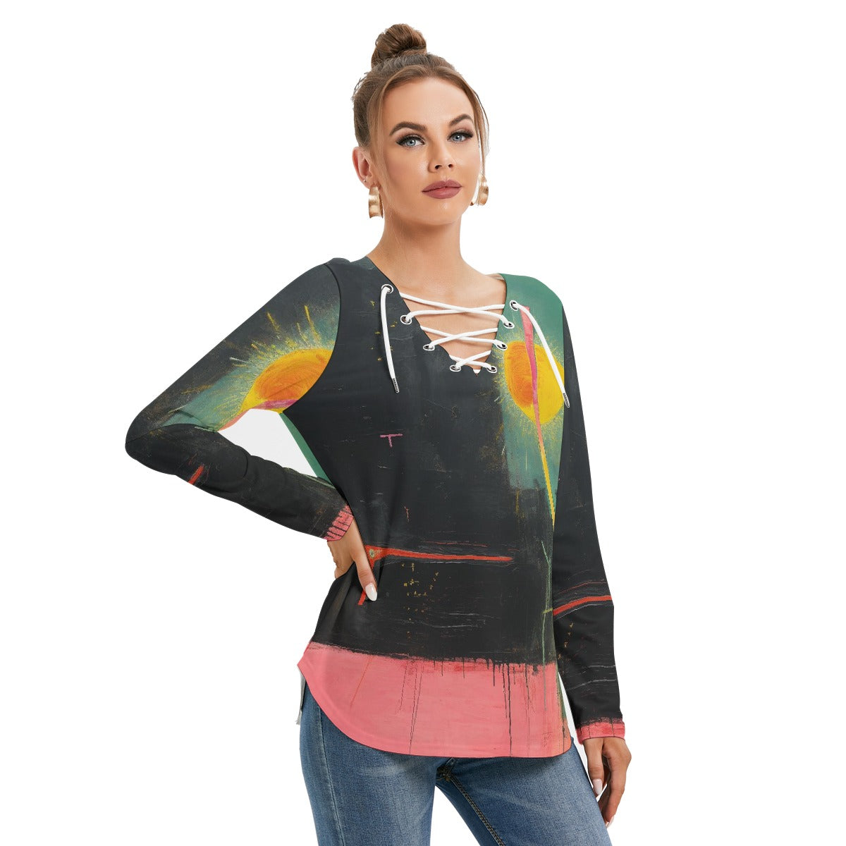 All-Over Print Women's Long Sleeve Neckline Tie Sweatshirt
