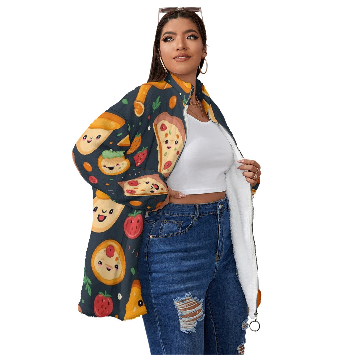 All-Over Print Unisex Borg Fleece Stand-up Collar Coat With Zipper Closure(Plus Size)