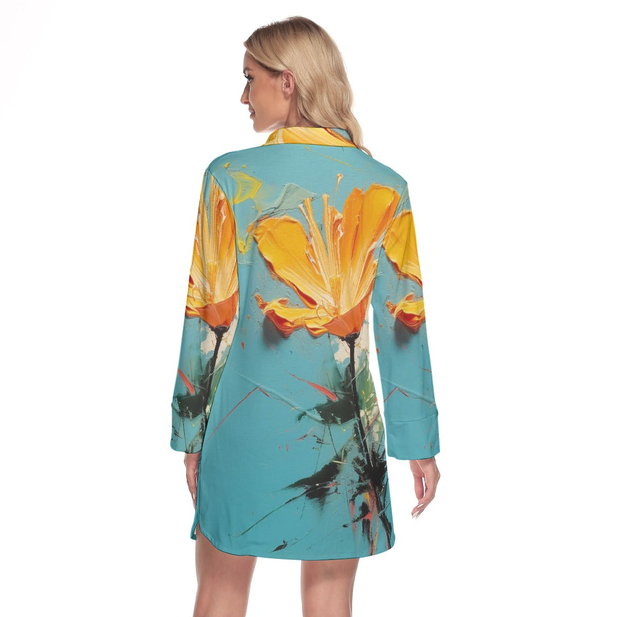 All-Over Print Women's Lapel Shirt Dress With Long Sleeve