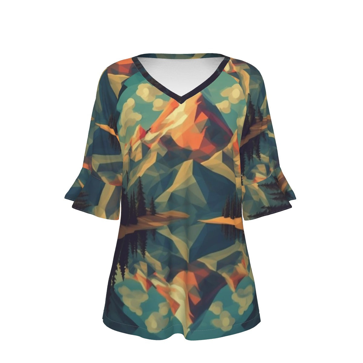 All-Over Print V-neck Women's T-shirt With Bell Sleeve