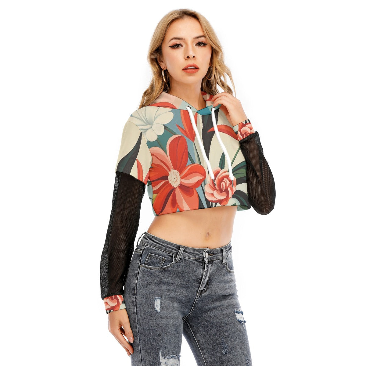 All-Over Print Women's Fake Two-piece Mesh Sleeve Cropped Hoodie