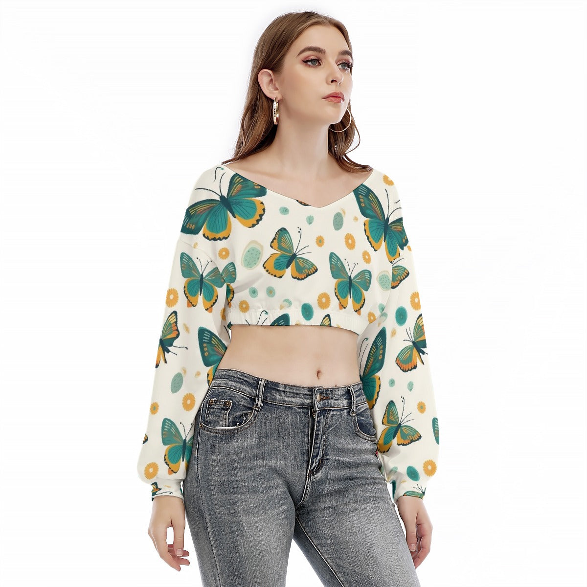 All-Over Print Women's V-neck Long Sleeve Cropped Sweatshirt