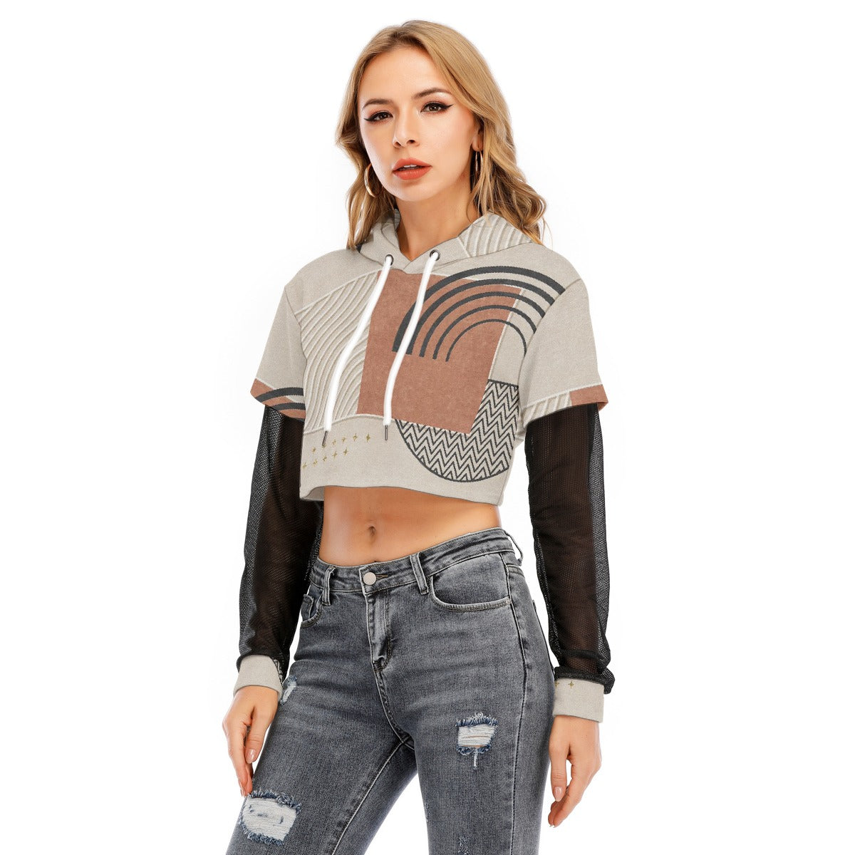 All-Over Print Women's Fake Two-piece Mesh Sleeve Cropped Hoodie