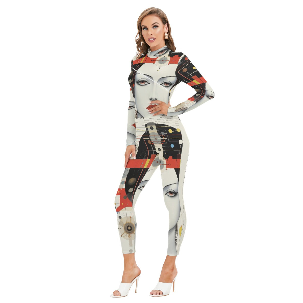 All-Over Print Women's Long-sleeved High-neck Jumpsuit With Zipper