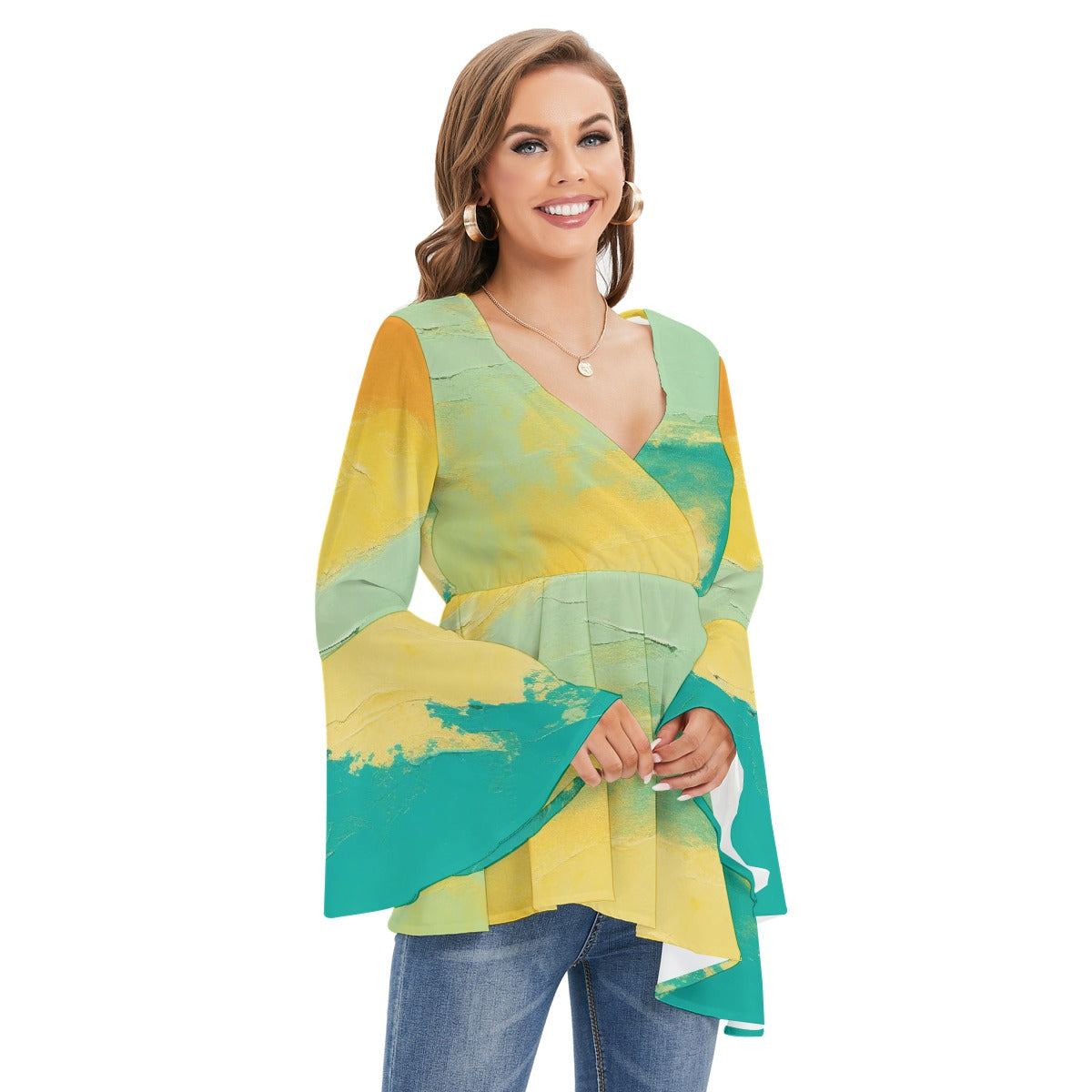 All-Over Print Women's V-neck Blouse With Flared Sleeves