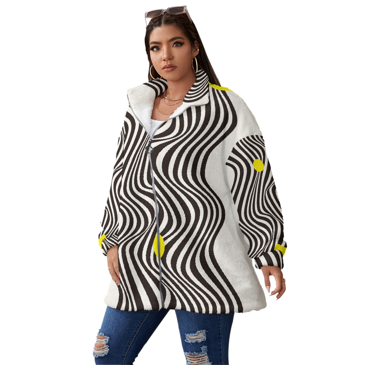 All-Over Print Unisex Borg Fleece Stand-up Collar Coat With Zipper Closure(Plus Size)
