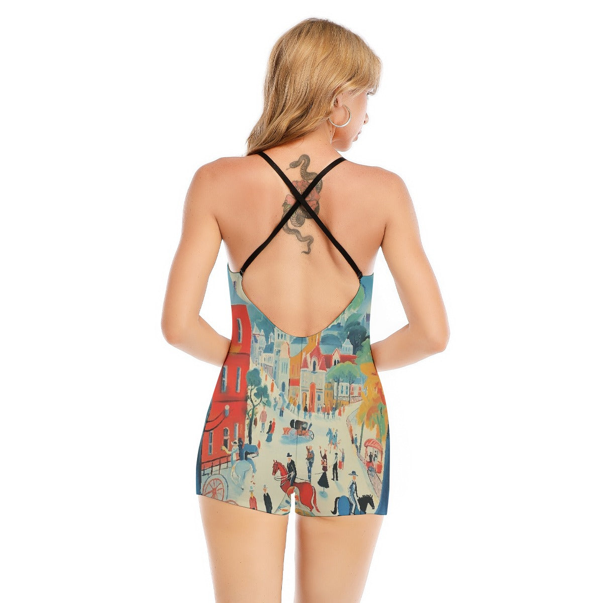 All-Over Print Women's Backless Romper With Black Straps