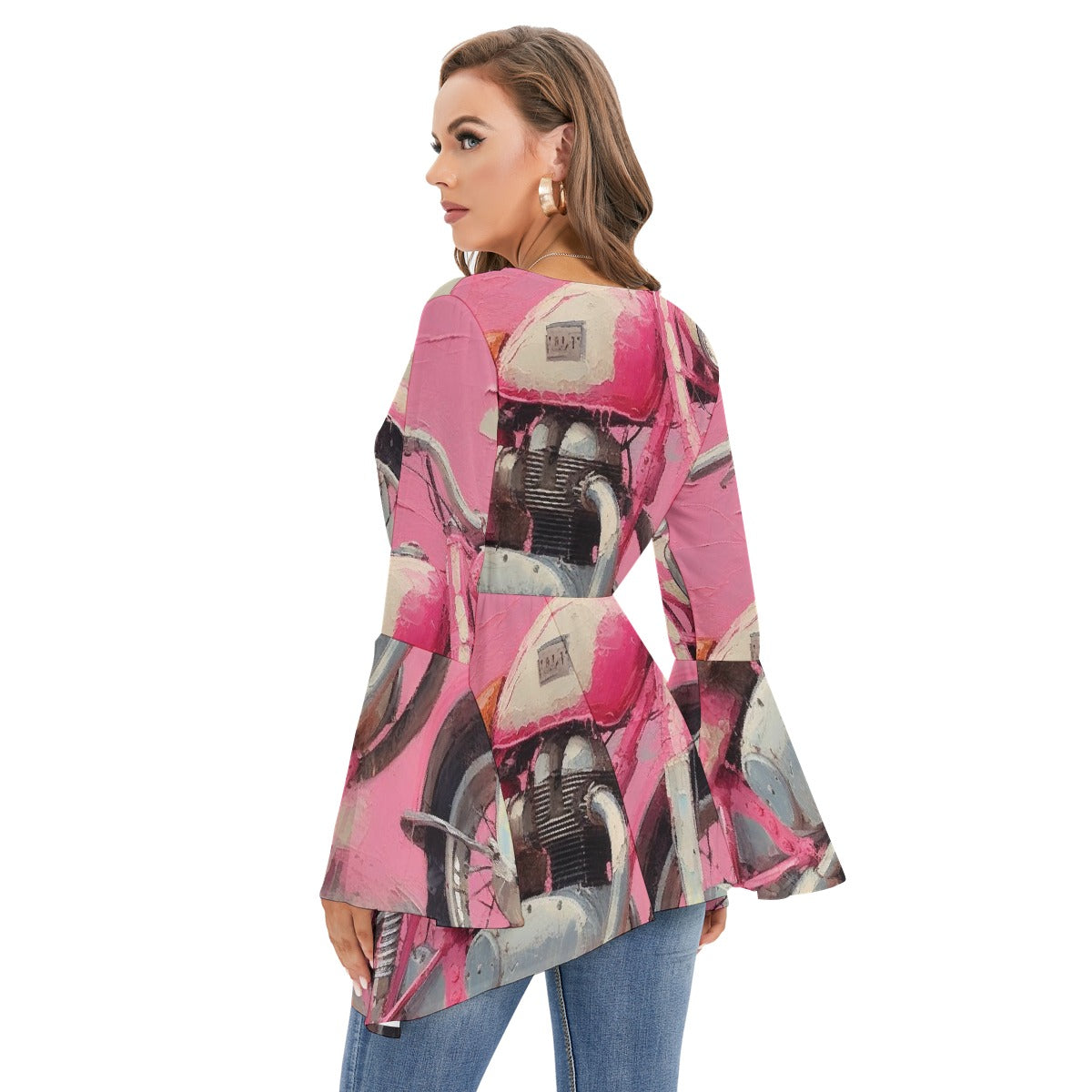 All-Over Print Women's V-neck Blouse With Flared Sleeves