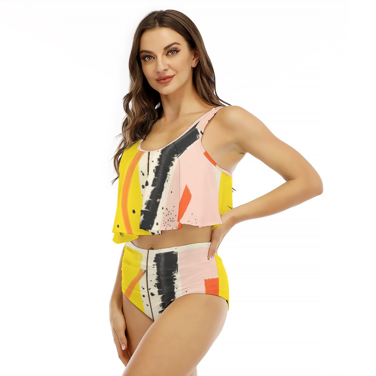 All-Over Print Women's Ruffled Vest Bikini Swimsuit