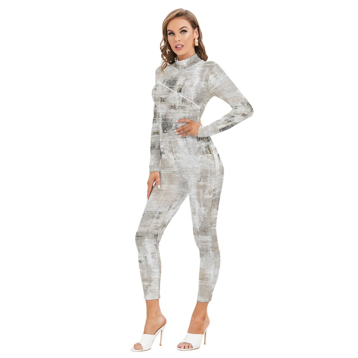 All-Over Print Women's Long-sleeved High-neck Jumpsuit With Zipper