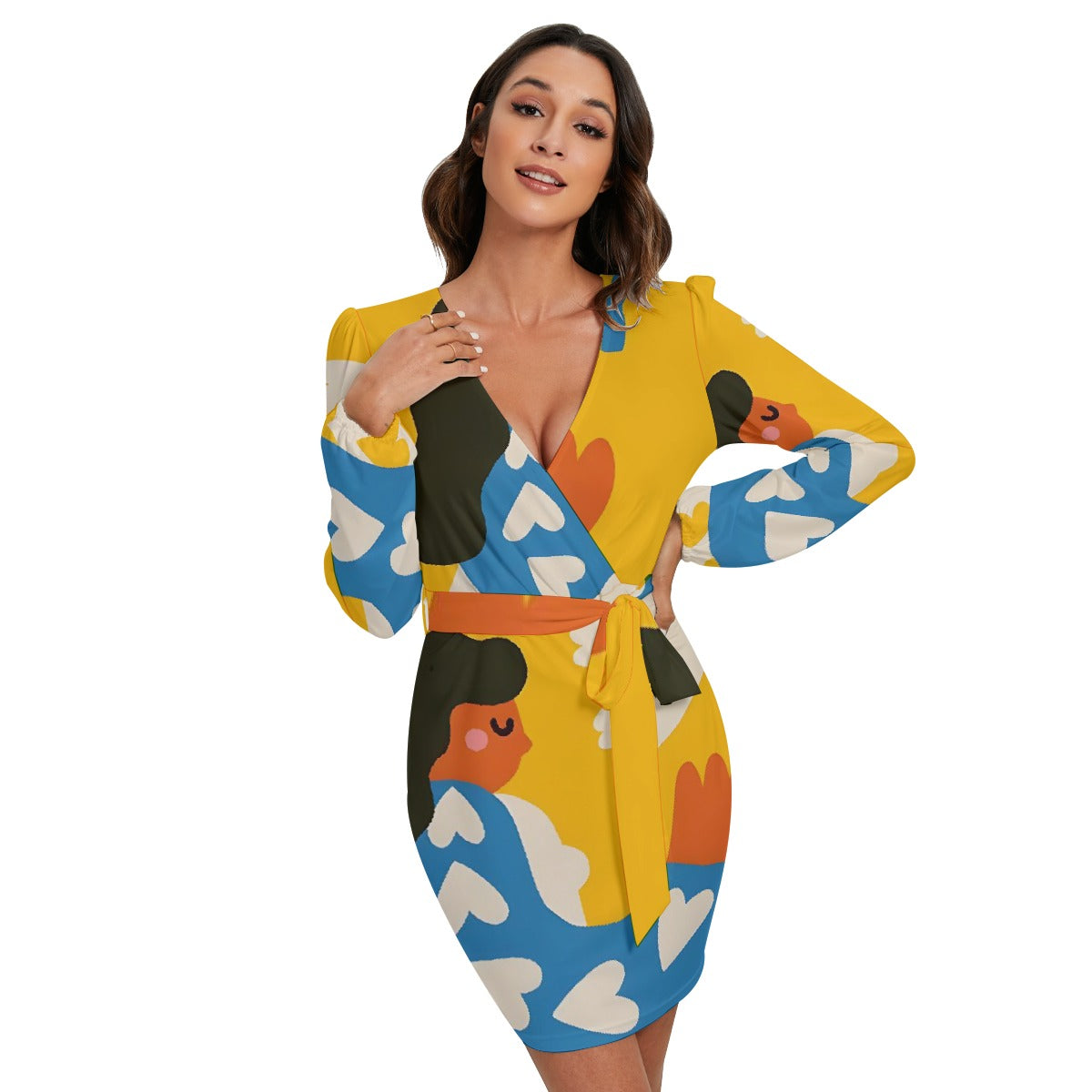 All-Over Print Women's Long Sleeve Dress With Waist Belt