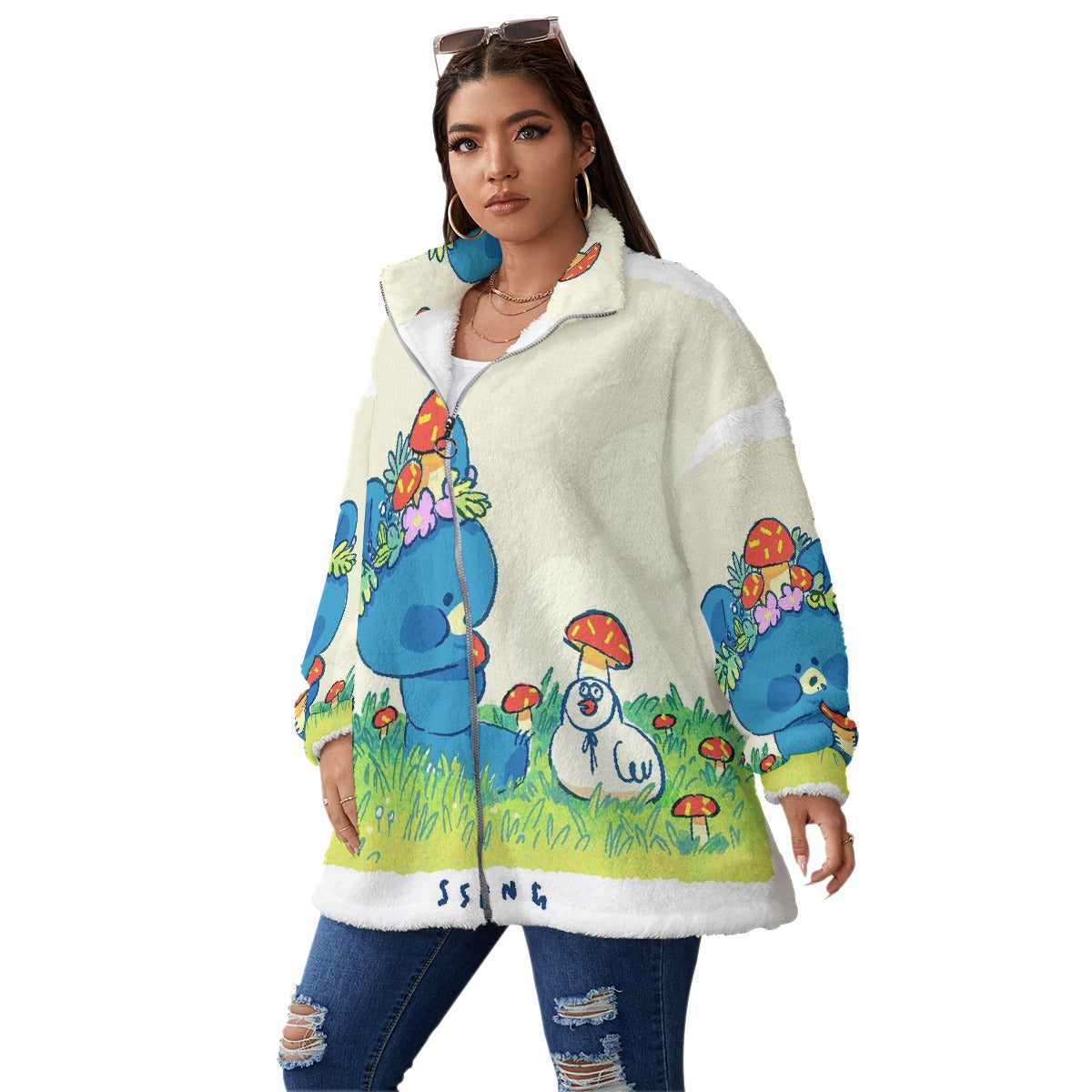 All-Over Print Unisex Borg Fleece Stand-up Collar Coat With Zipper Closure(Plus Size)