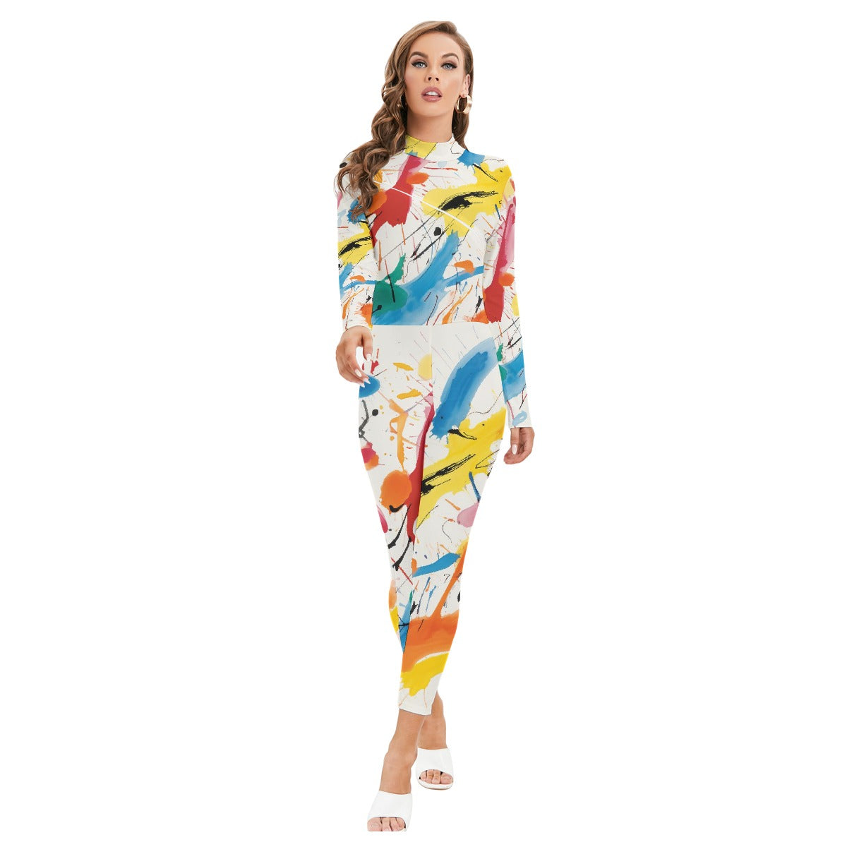 All-Over Print Women's Long-sleeved High-neck Jumpsuit With Zipper