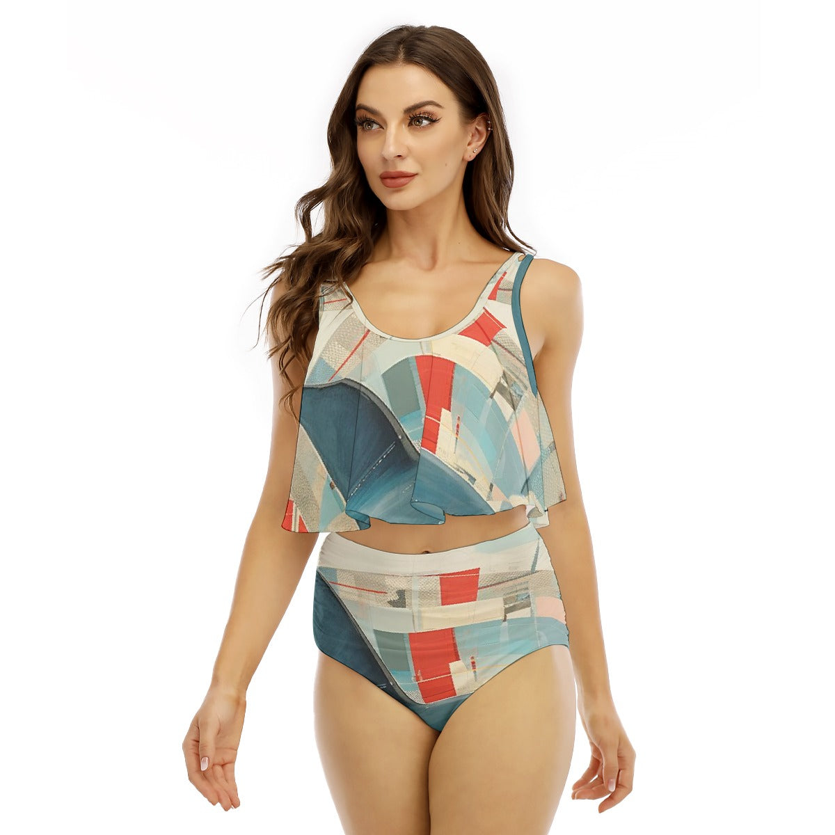 All-Over Print Women's Ruffled Vest Bikini Swimsuit