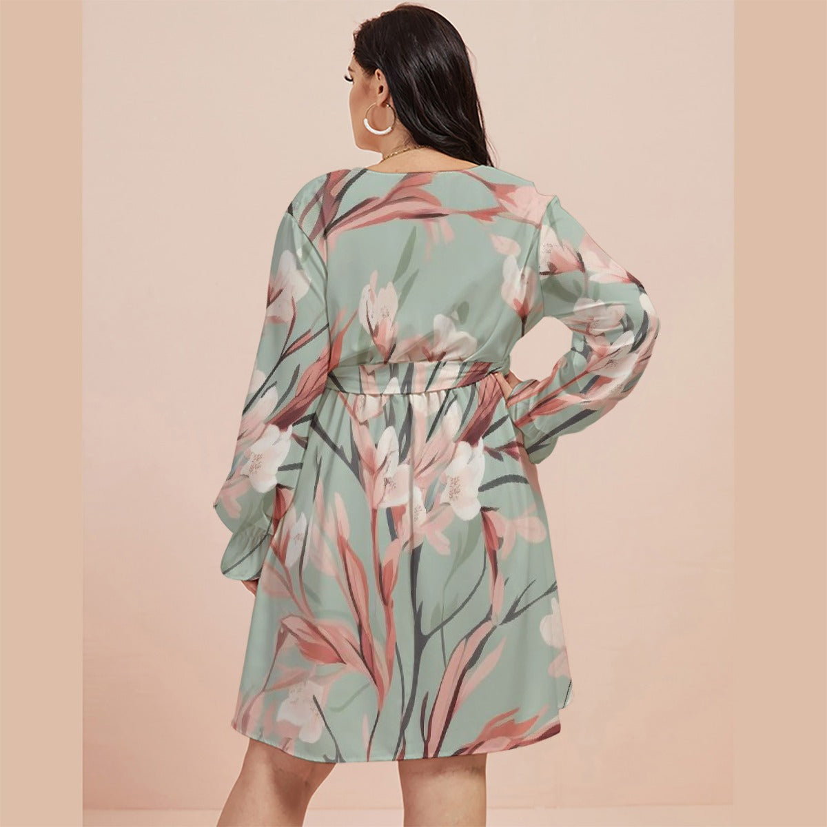 All-Over Print Women's V-neck Dress With Waistband(Plus Size)