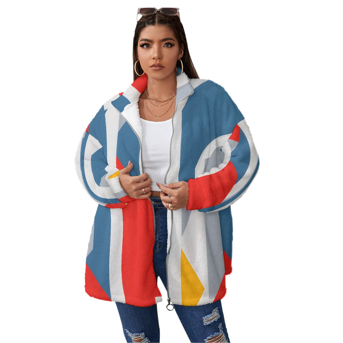 All-Over Print Unisex Borg Fleece Stand-up Collar Coat With Zipper Closure(Plus Size)