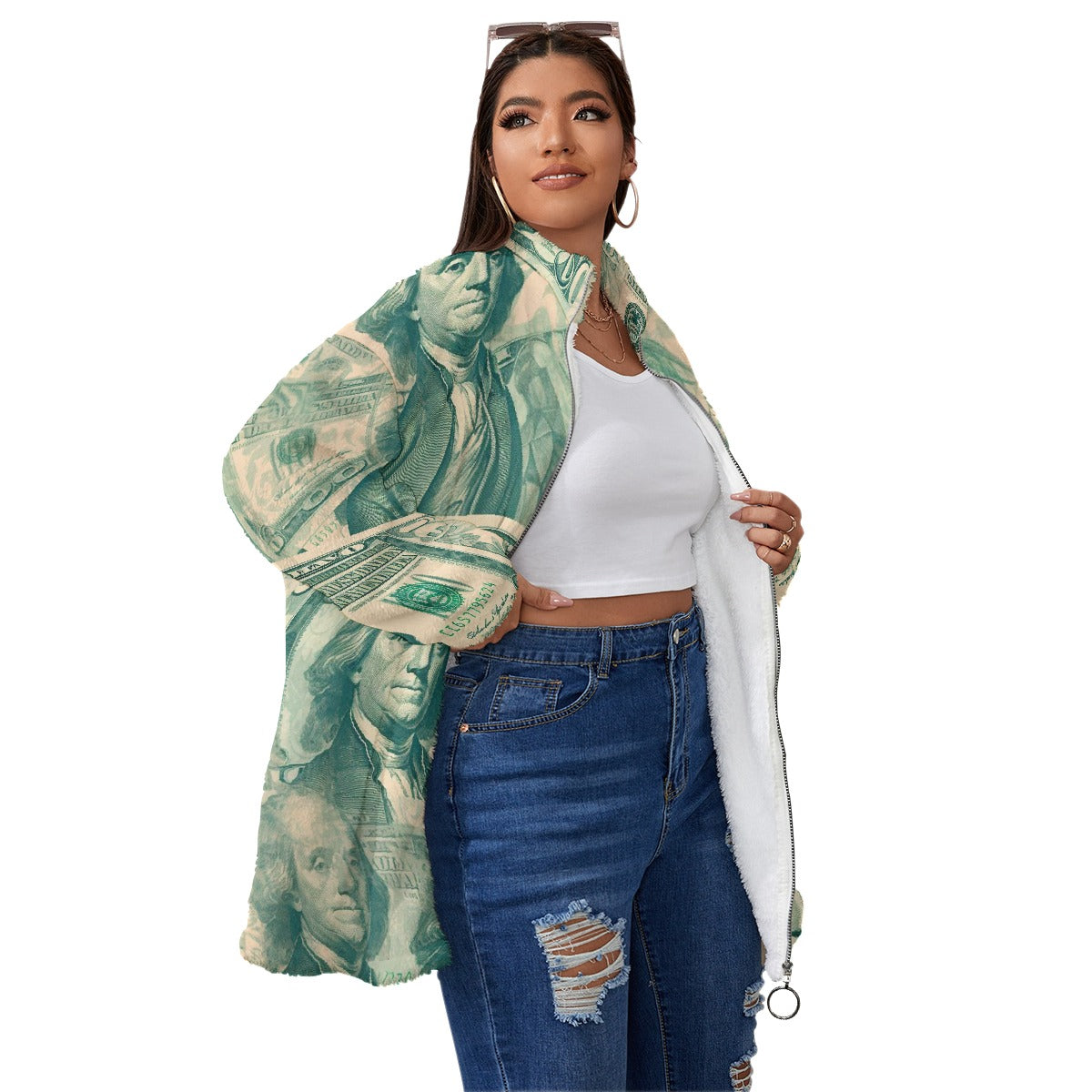 All-Over Print Unisex Borg Fleece Stand-up Collar Coat With Zipper Closure(Plus Size)