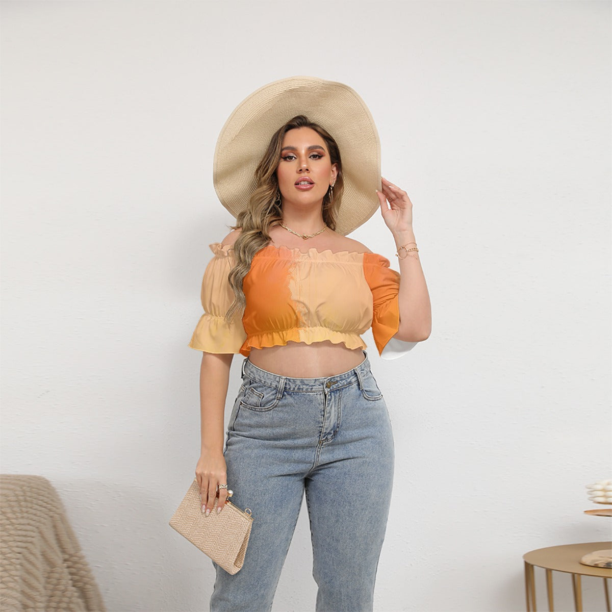 All-Over Print Women's Off-shoulder Cropped Top With Short Puff Sleeve