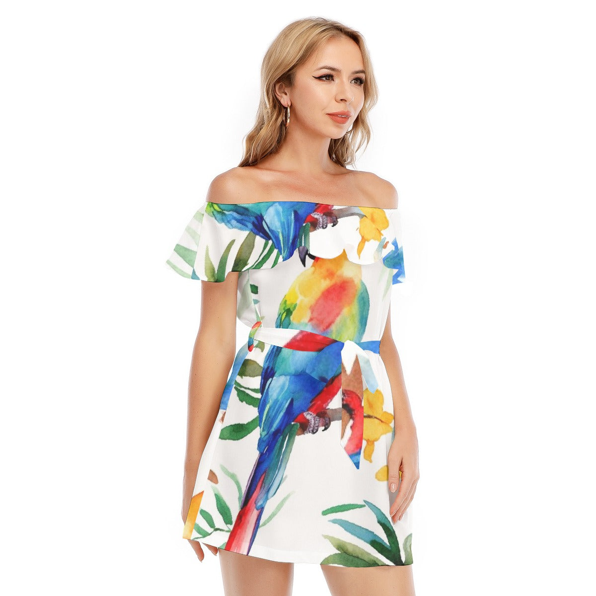 All-Over Print Women's Off-shoulder Dress With Ruffle