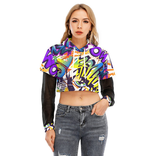 All-Over Print Women's Fake Two-piece Mesh Sleeve Cropped Hoodie