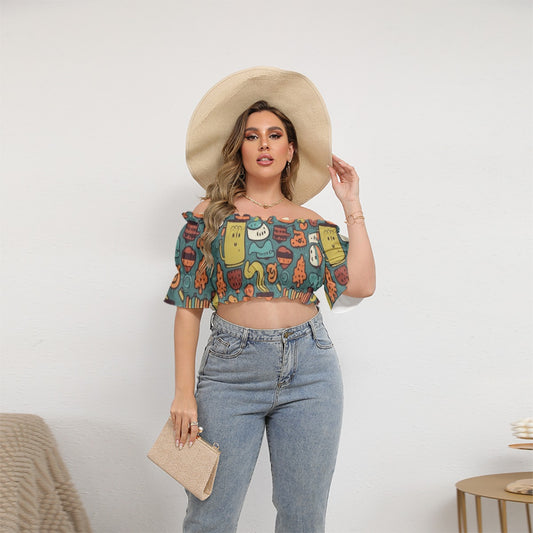 All-Over Print Women's Off-shoulder Cropped Top With Short Puff Sleeve