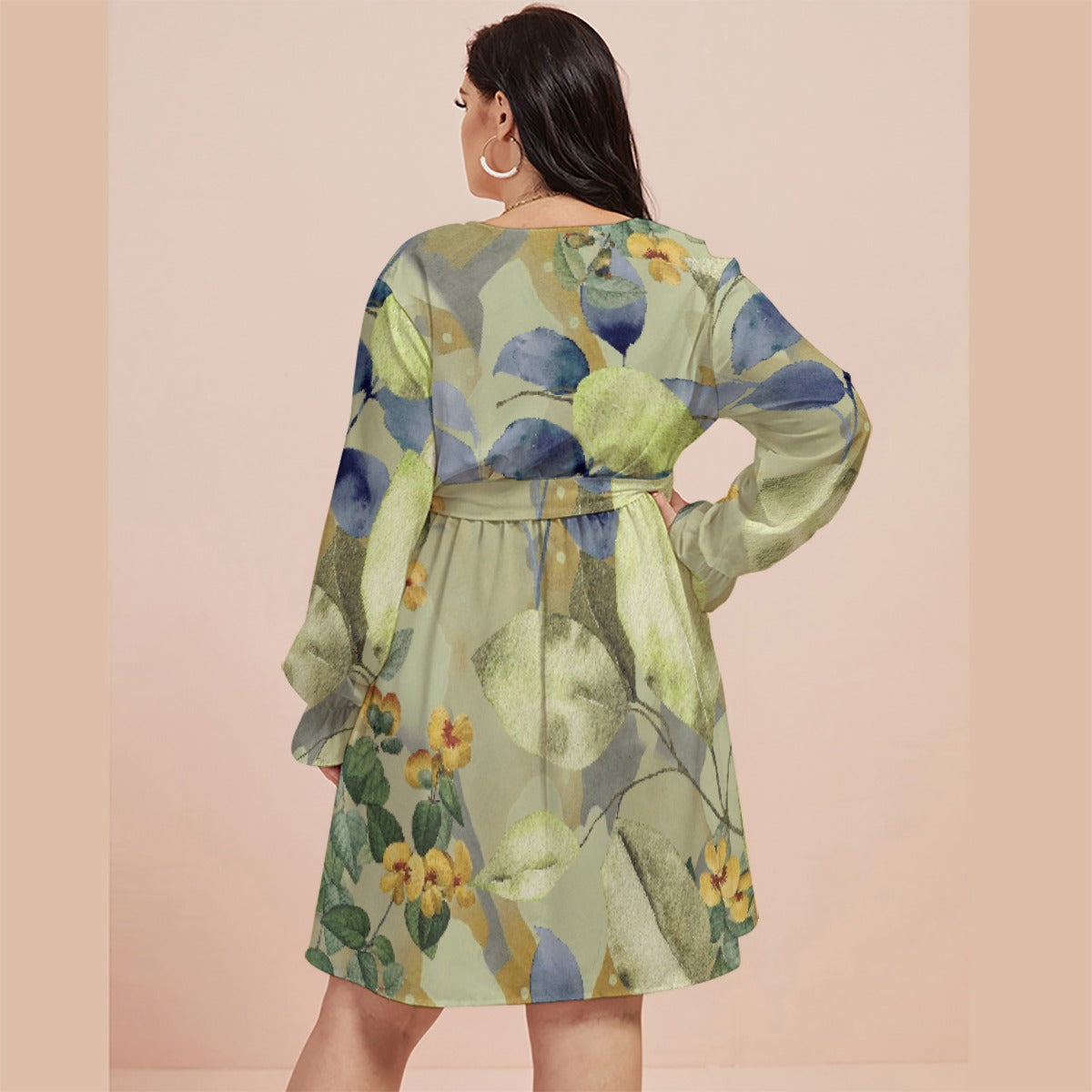 All-Over Print Women's V-neck Dress With Waistband(Plus Size)