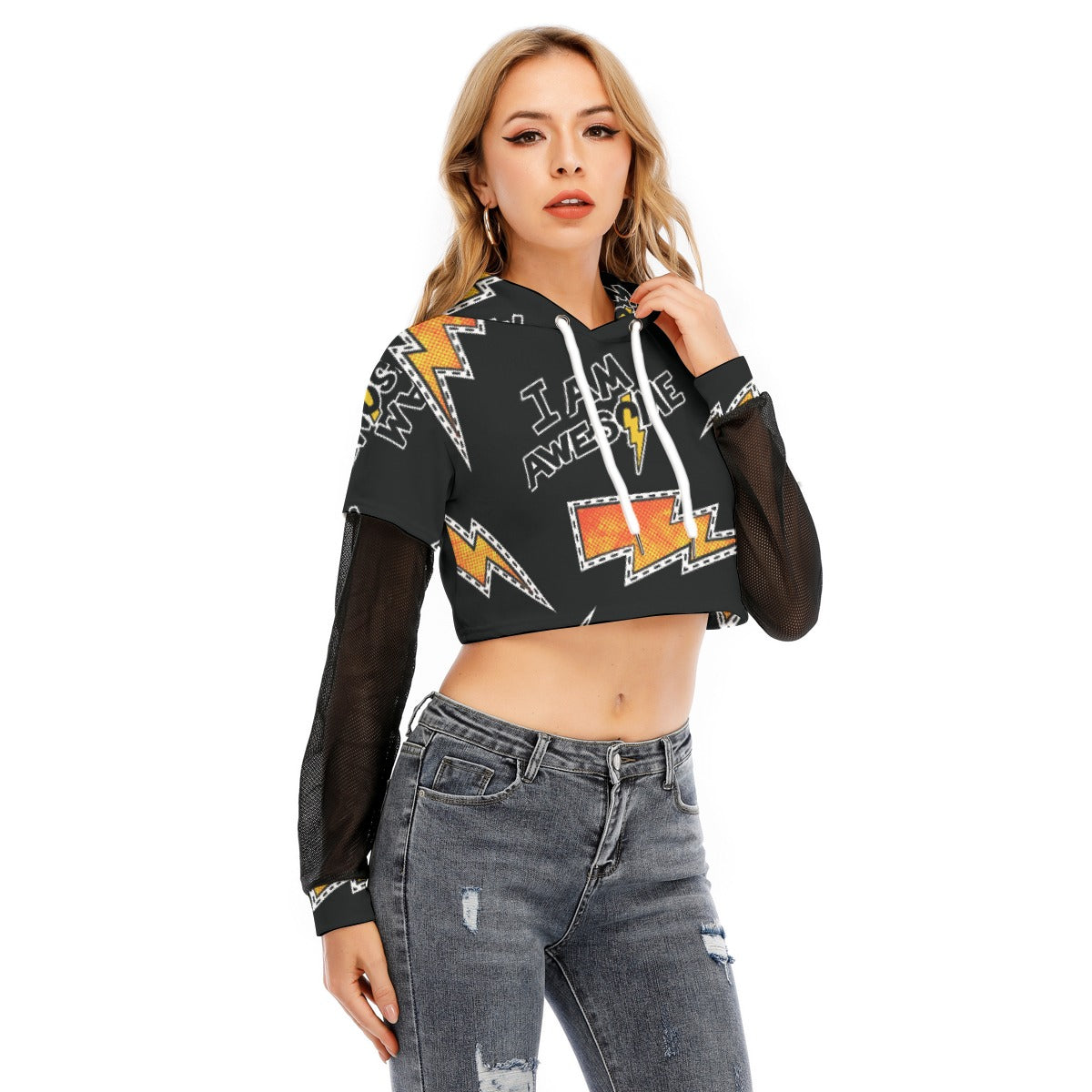 All-Over Print Women's Fake Two-piece Mesh Sleeve Cropped Hoodie