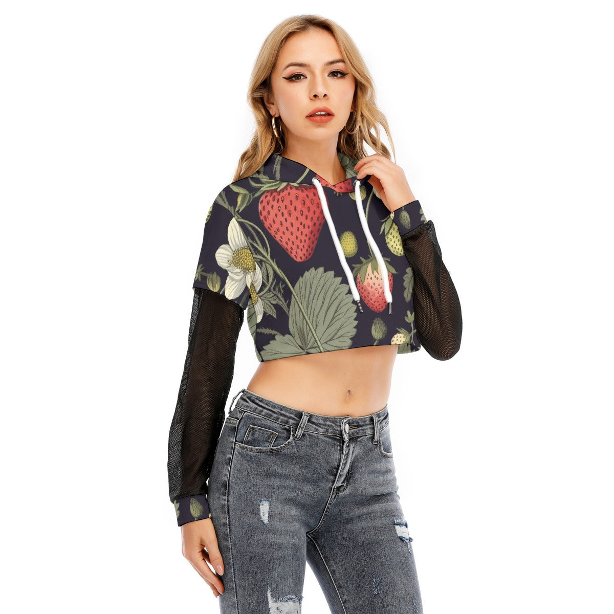 All-Over Print Women's Fake Two-piece Mesh Sleeve Cropped Hoodie