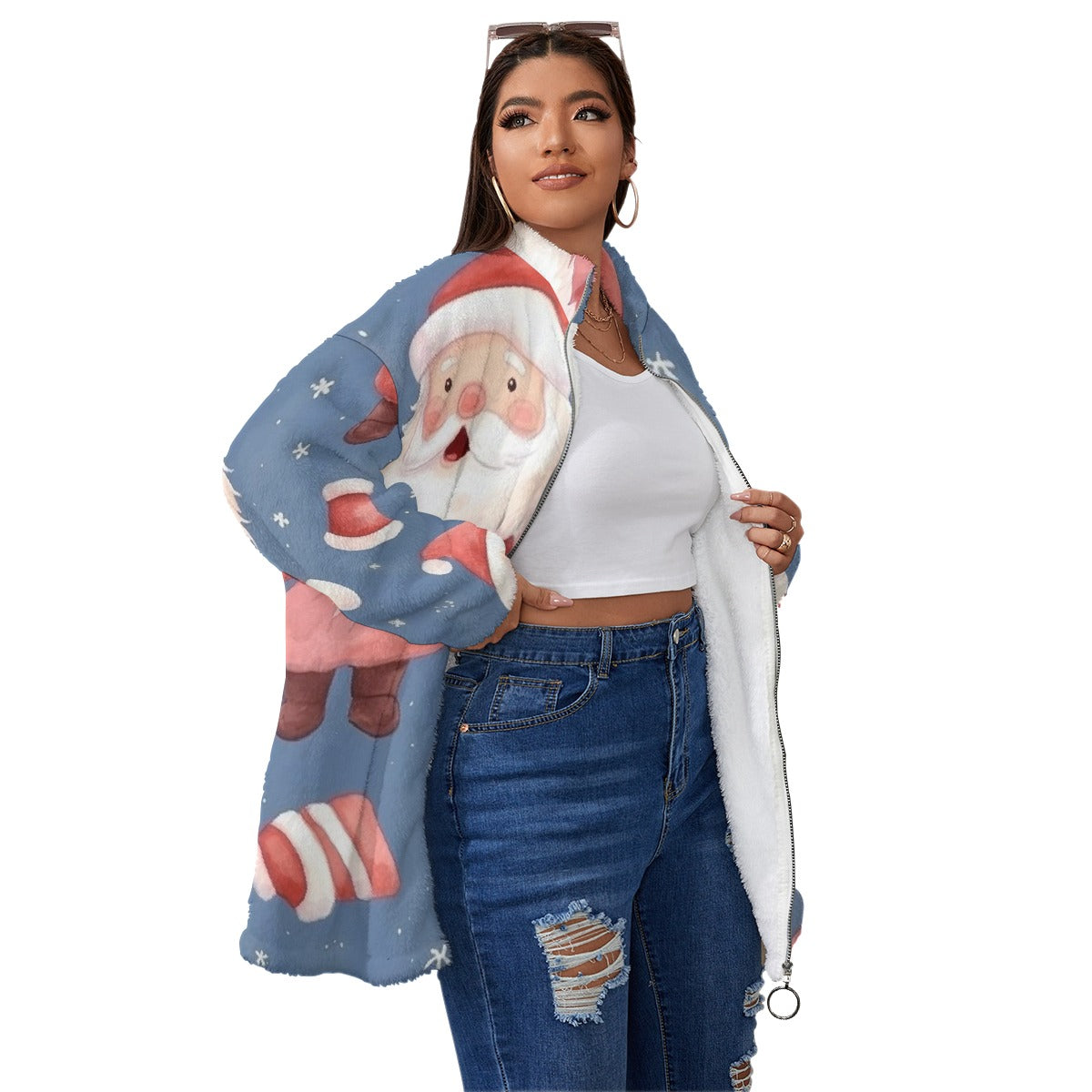 All-Over Print Unisex Borg Fleece Stand-up Collar Coat With Zipper Closure(Plus Size)