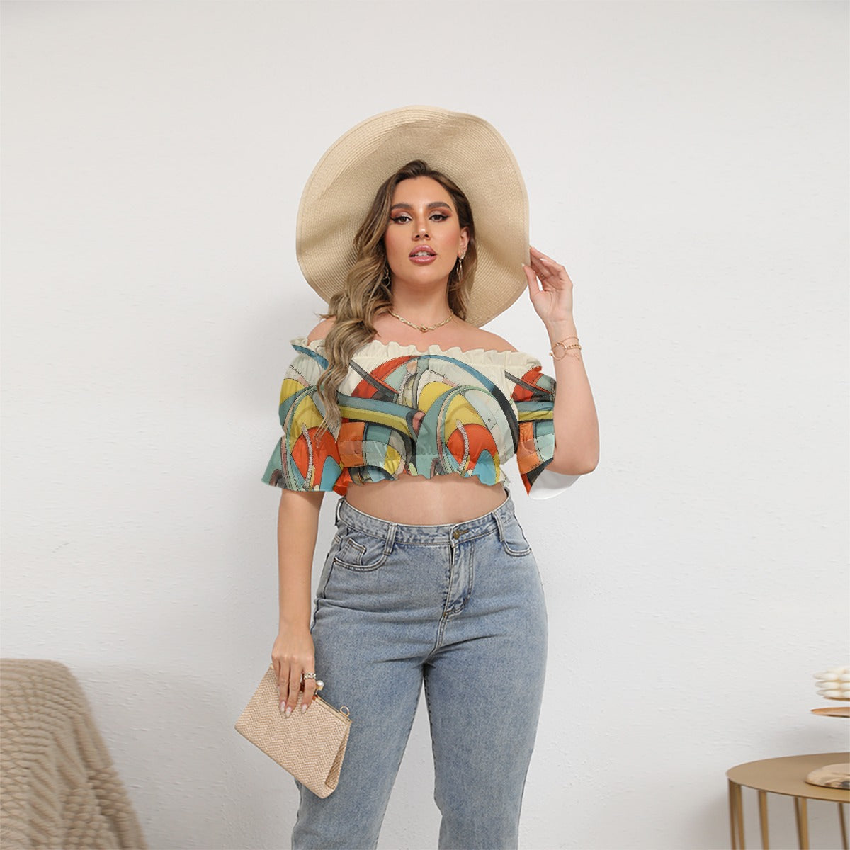 All-Over Print Women's Off-shoulder Cropped Top With Short Puff Sleeve