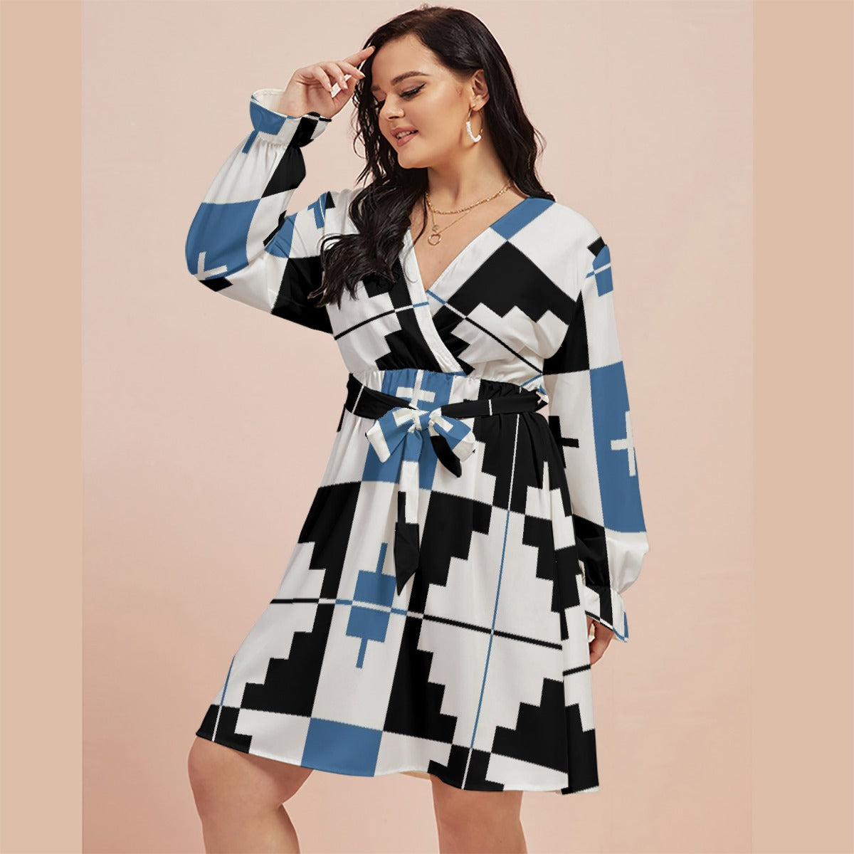 All-Over Print Women's V-neck Dress With Waistband(Plus Size)