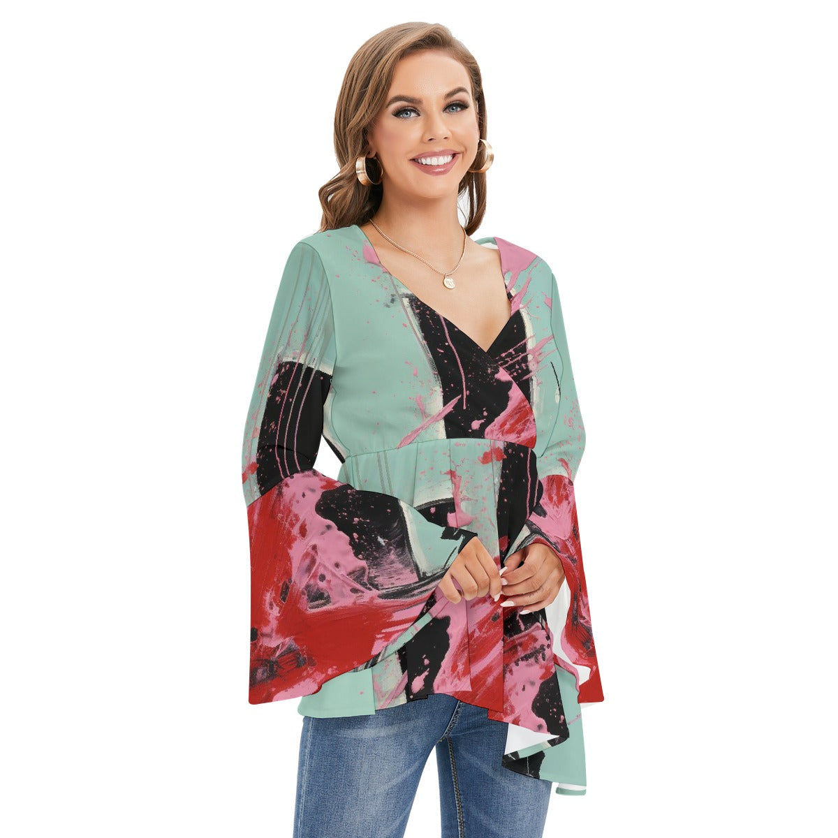 All-Over Print Women's V-neck Blouse With Flared Sleeves