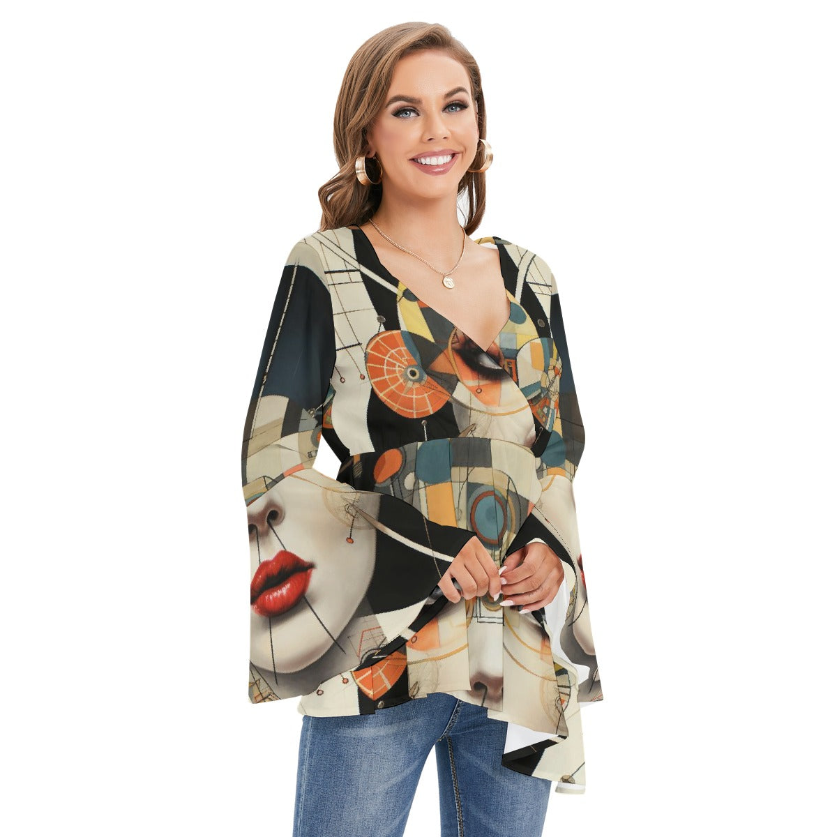 All-Over Print Women's V-neck Blouse With Flared Sleeves