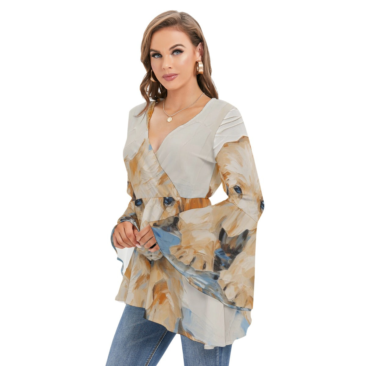 All-Over Print Women's V-neck Blouse With Flared Sleeves