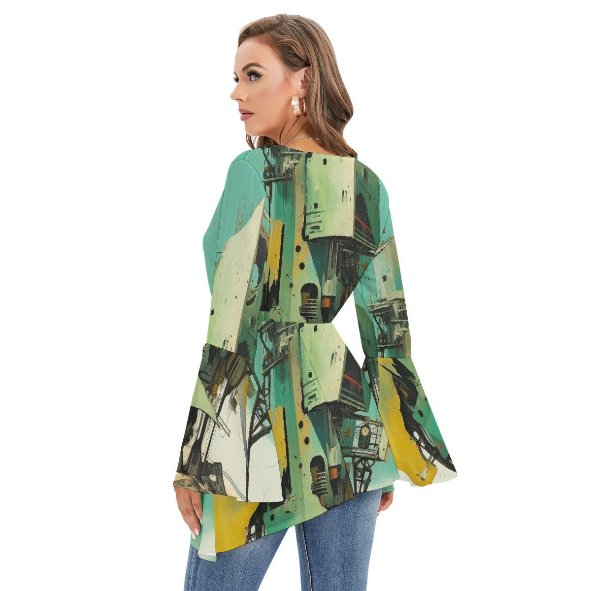 All-Over Print Women's V-neck Blouse With Flared Sleeves