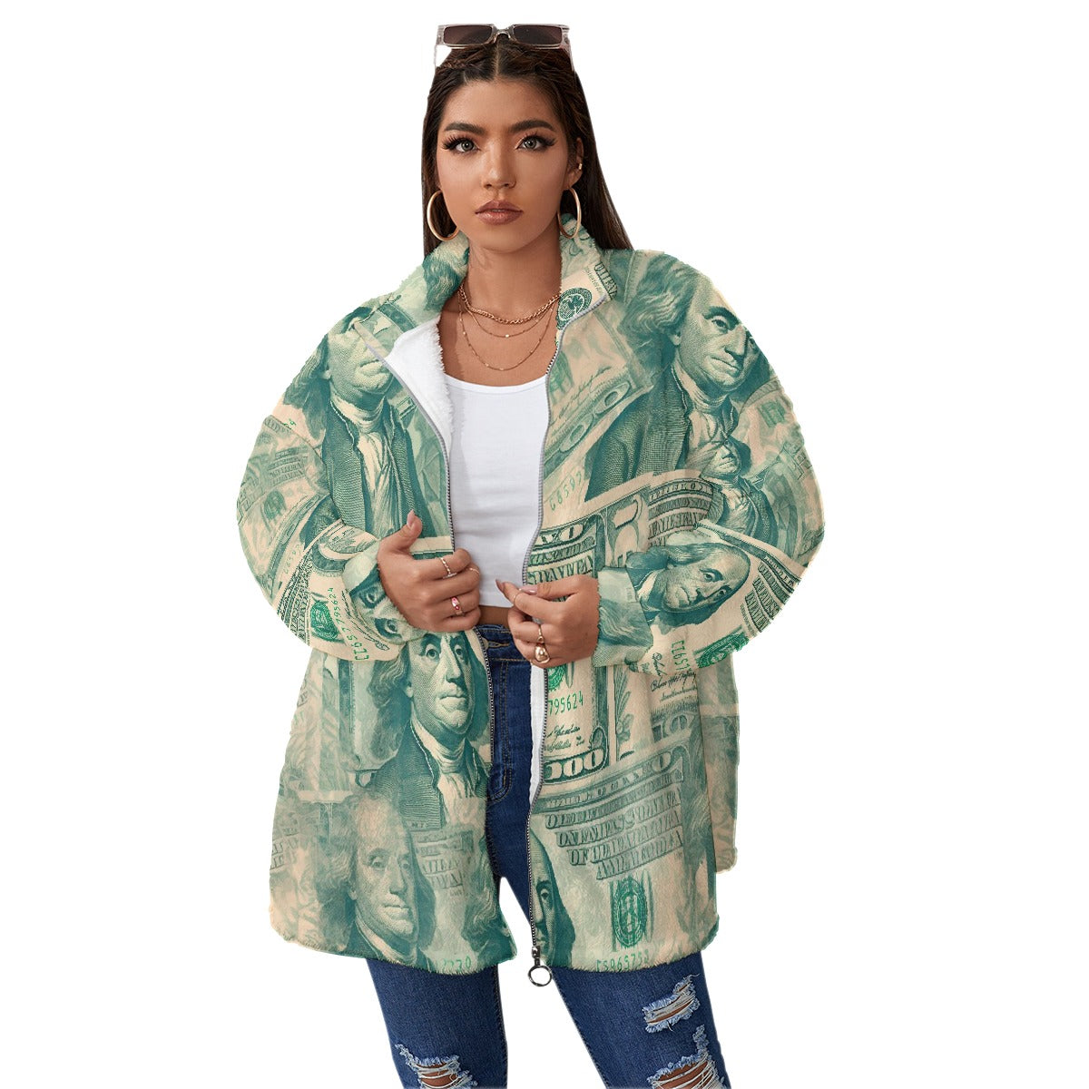 All-Over Print Unisex Borg Fleece Stand-up Collar Coat With Zipper Closure(Plus Size)