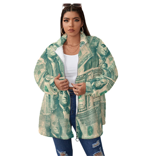 All-Over Print Unisex Borg Fleece Stand-up Collar Coat With Zipper Closure(Plus Size)