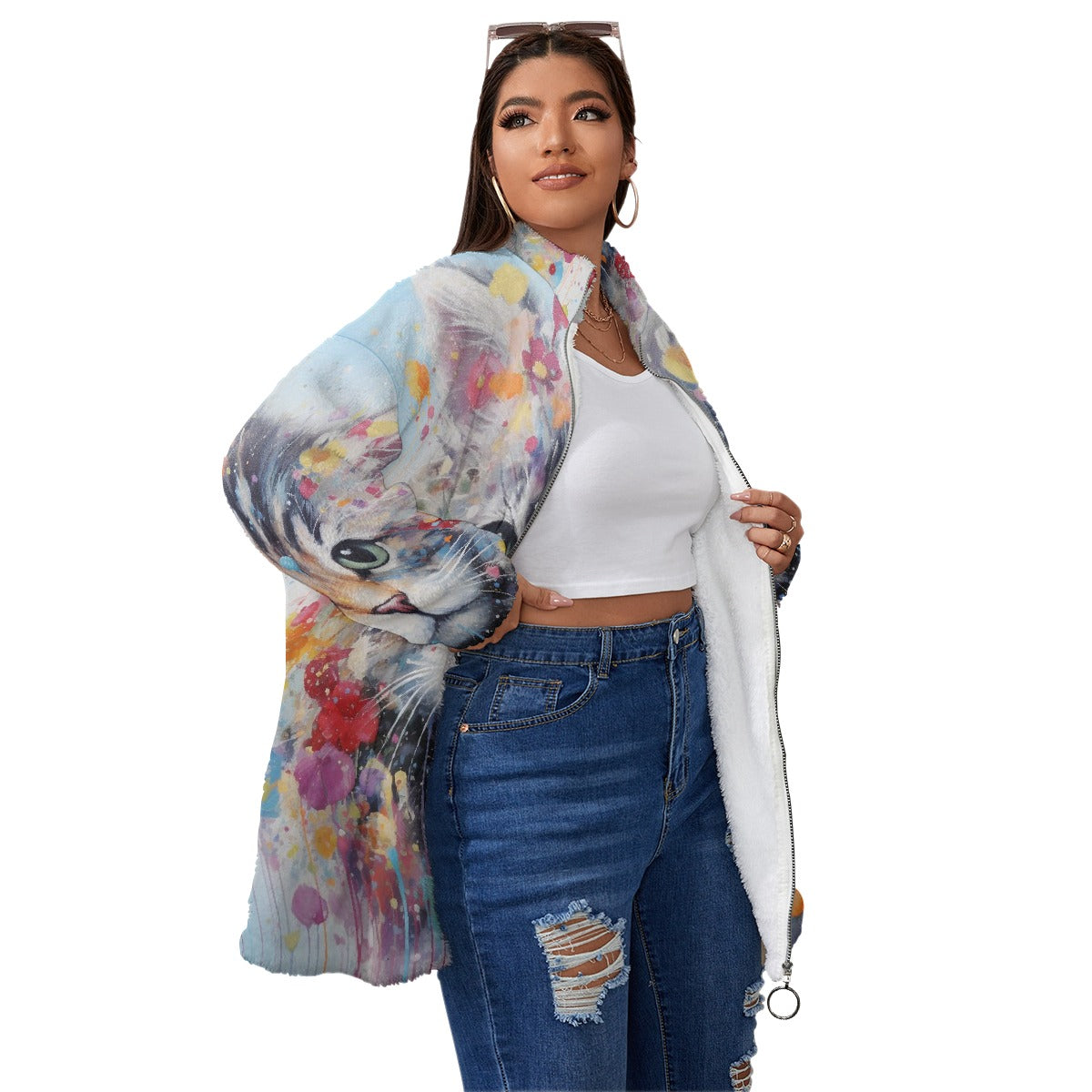 All-Over Print Unisex Borg Fleece Stand-up Collar Coat With Zipper Closure(Plus Size)