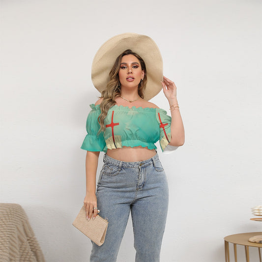 All-Over Print Women's Off-shoulder Cropped Top With Short Puff Sleeve