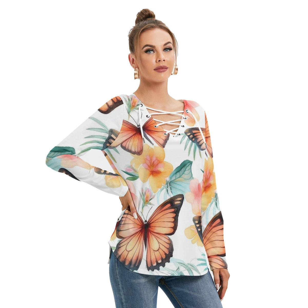 All-Over Print Women's Long Sleeve Neckline Tie Sweatshirt