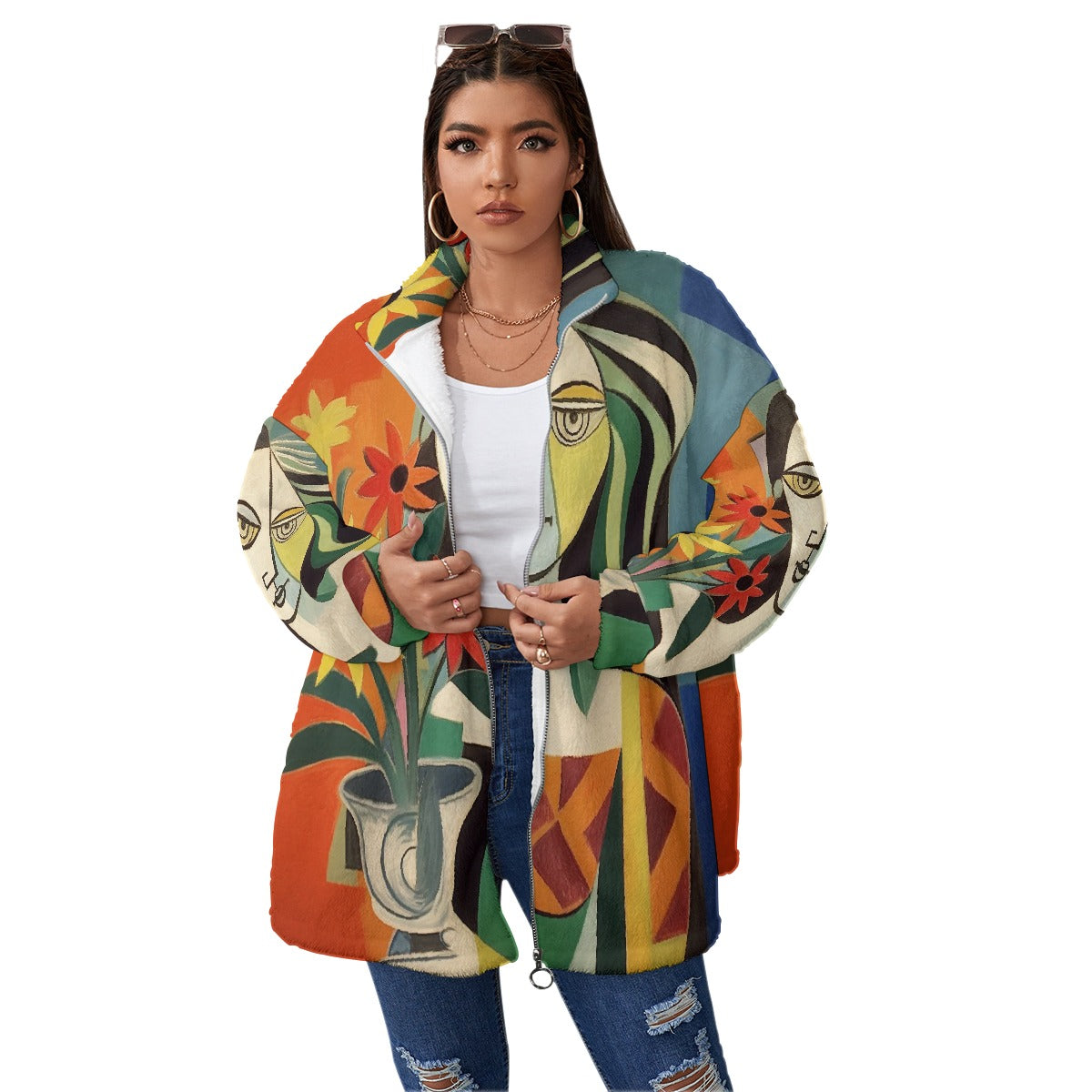 All-Over Print Unisex Borg Fleece Stand-up Collar Coat With Zipper Closure(Plus Size)