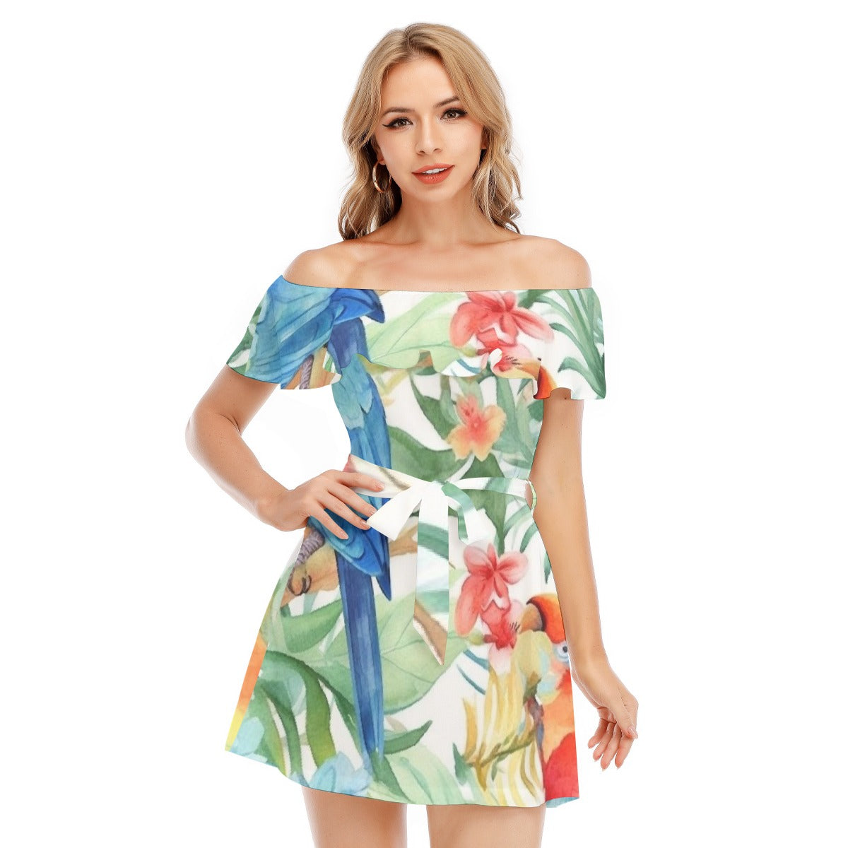 All-Over Print Women's Off-shoulder Dress With Ruffle