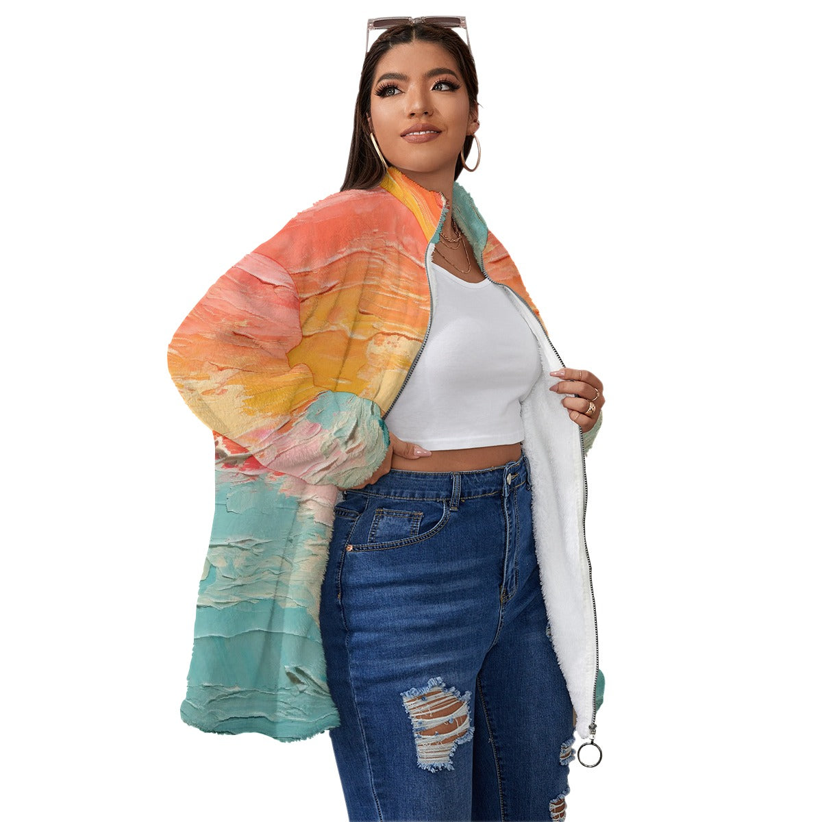 All-Over Print Unisex Borg Fleece Stand-up Collar Coat With Zipper Closure(Plus Size)