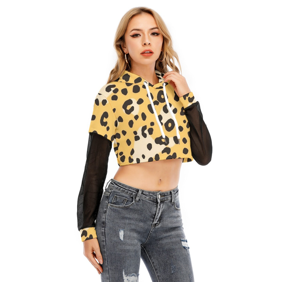 All-Over Print Women's Fake Two-piece Mesh Sleeve Cropped Hoodie