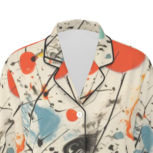 All-Over Print Women's Long Sleeve Pajama Set With Black Contrast Piping