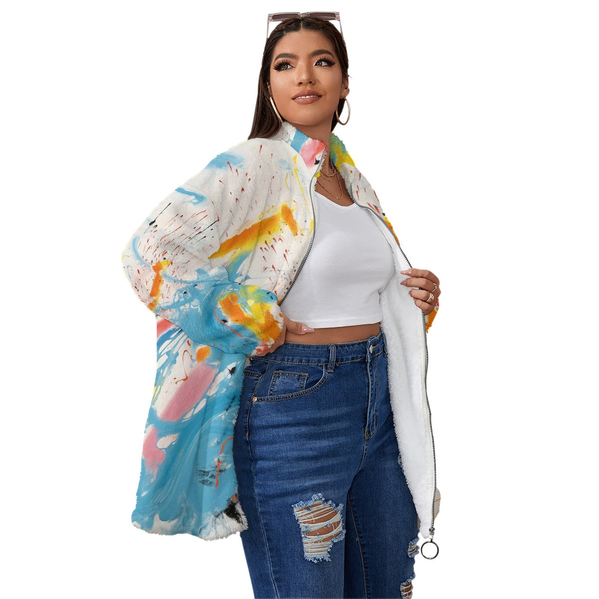 All-Over Print Unisex Borg Fleece Stand-up Collar Coat With Zipper Closure(Plus Size)