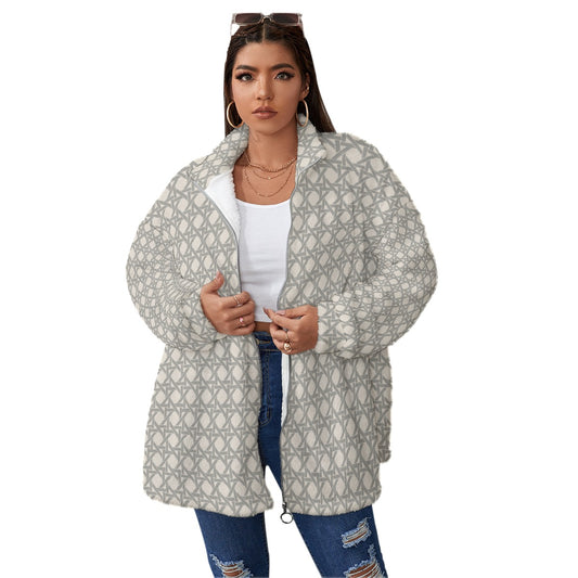 All-Over Print Unisex Borg Fleece Stand-up Collar Coat With Zipper Closure(Plus Size)