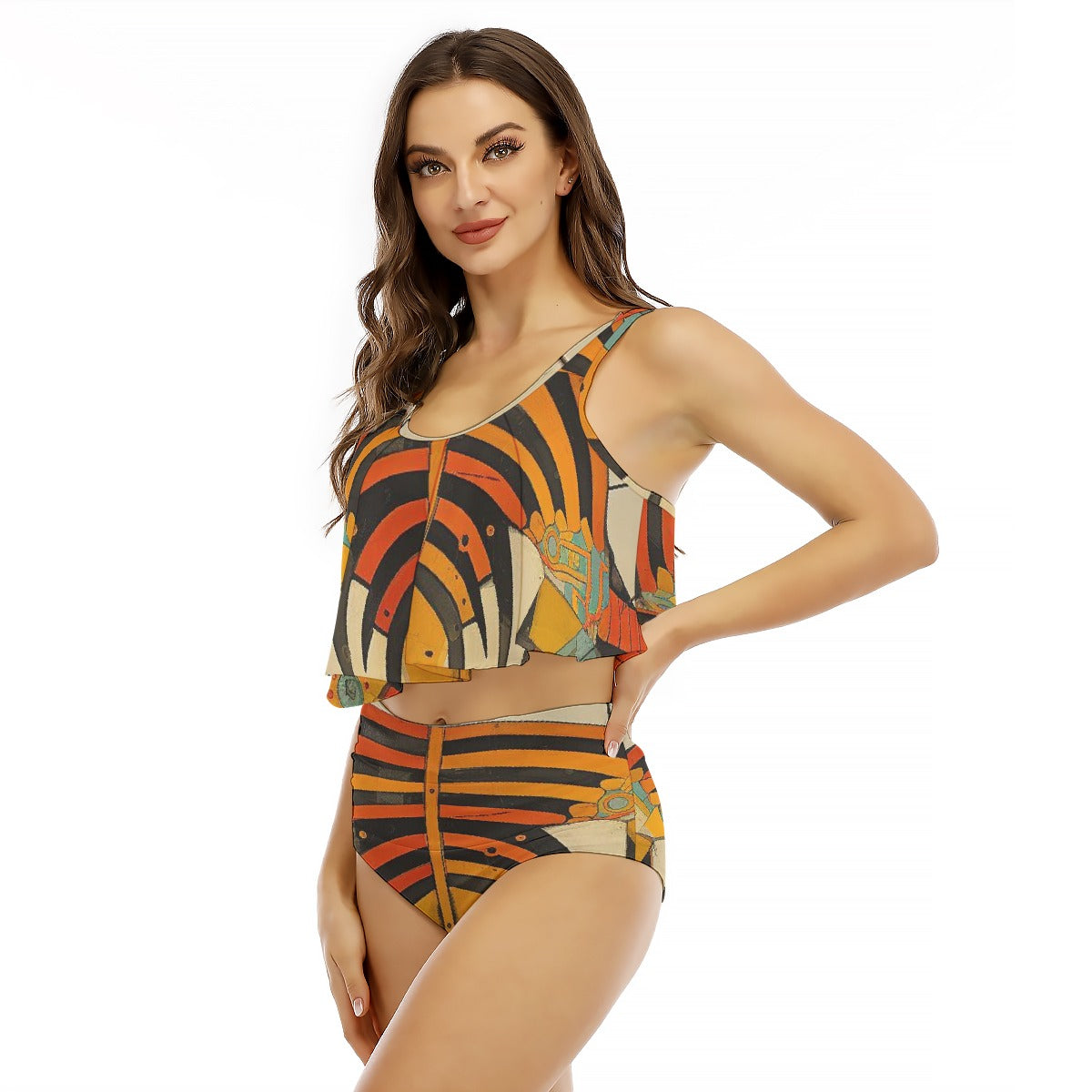 All-Over Print Women's Ruffled Vest Bikini Swimsuit