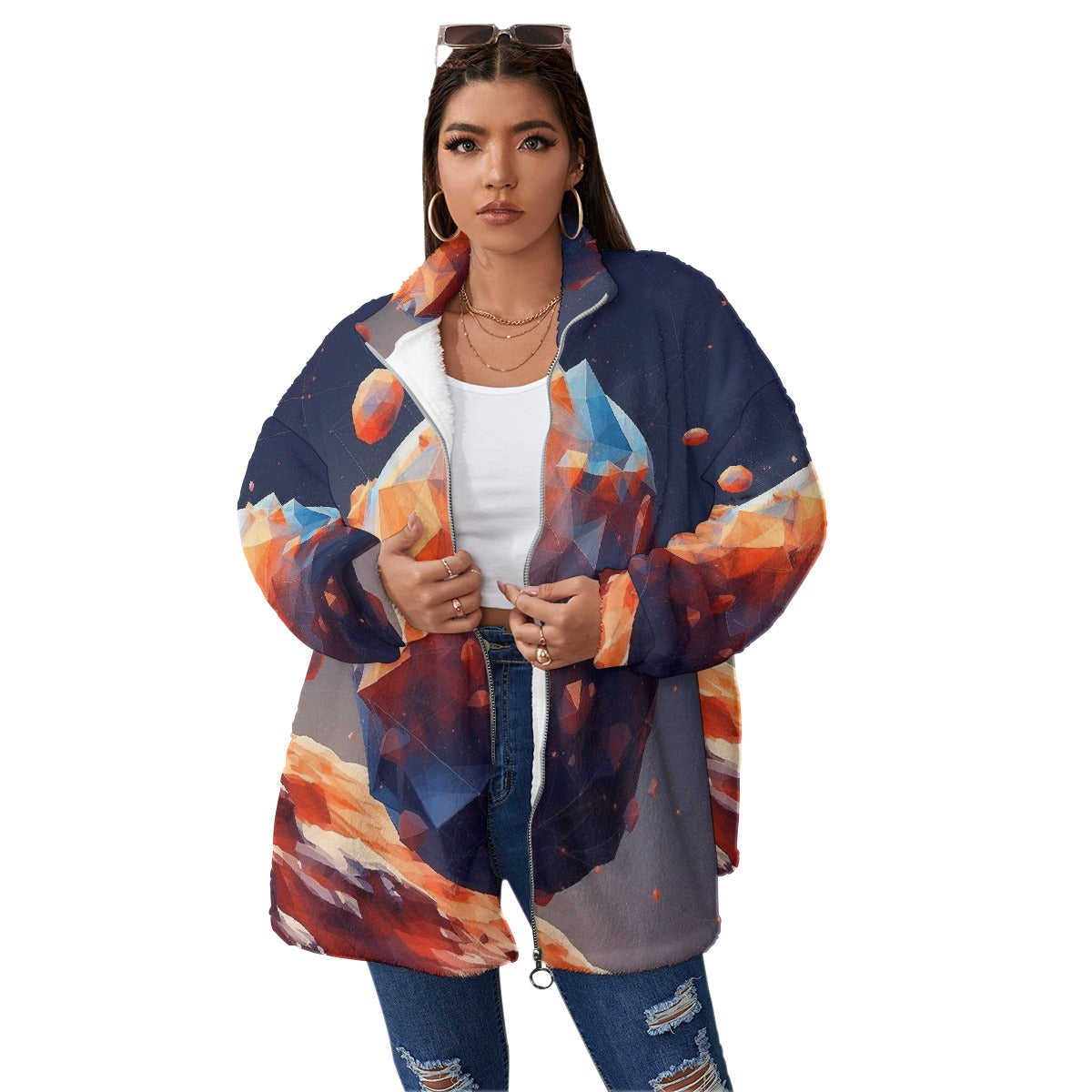 All-Over Print Unisex Borg Fleece Stand-up Collar Coat With Zipper Closure(Plus Size)