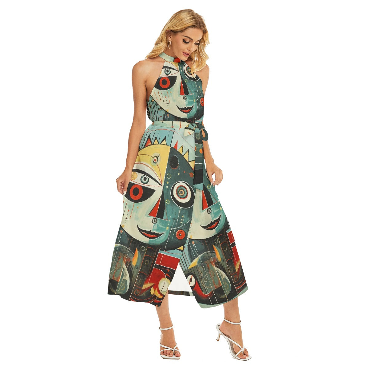 All-Over Print Women's Wrap Hem Belted Halter Dress